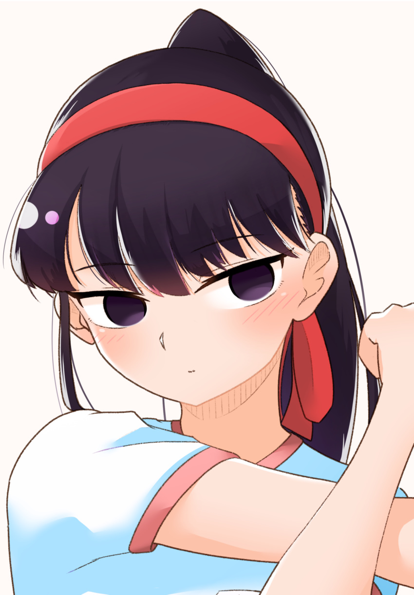 absurdres black_hair blush closed_mouth commentary_request degraded_ice gym_uniform headband highres komi-san_wa_komyushou_desu komi_shouko long_hair ponytail short_sleeves simple_background solo stretch white_background