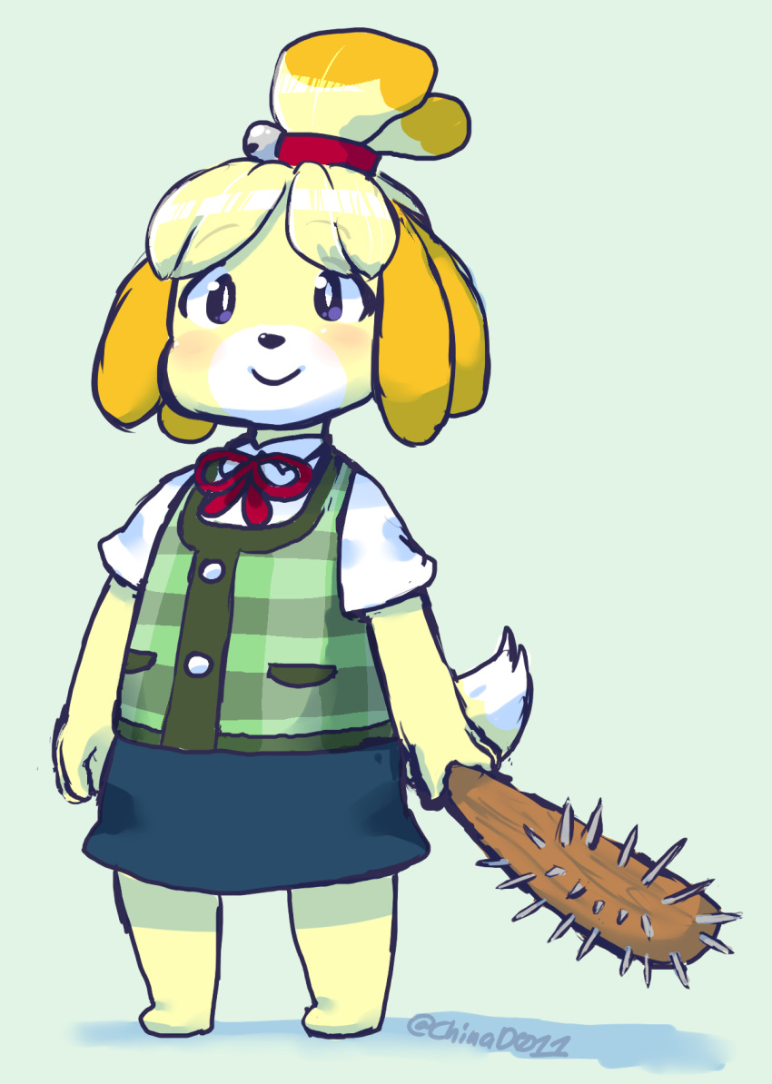 2018 animal_crossing anthro barefoot bell biped black_nose blonde_hair blue_background blue_eyes blush canine chinad011 clothed clothing club_(weapon) cute dog featureless_feet female floppy_ears fur hair hi_res holding_object holding_weapon humor isabelle_(animal_crossing) mammal melee_weapon multicolored_fur nintendo ribbons shih_tzu shirt signature simple_background skirt smile solo spiked_club spikes standing two_tone_fur vest video_games weapon white_background white_fur yellow_fur
