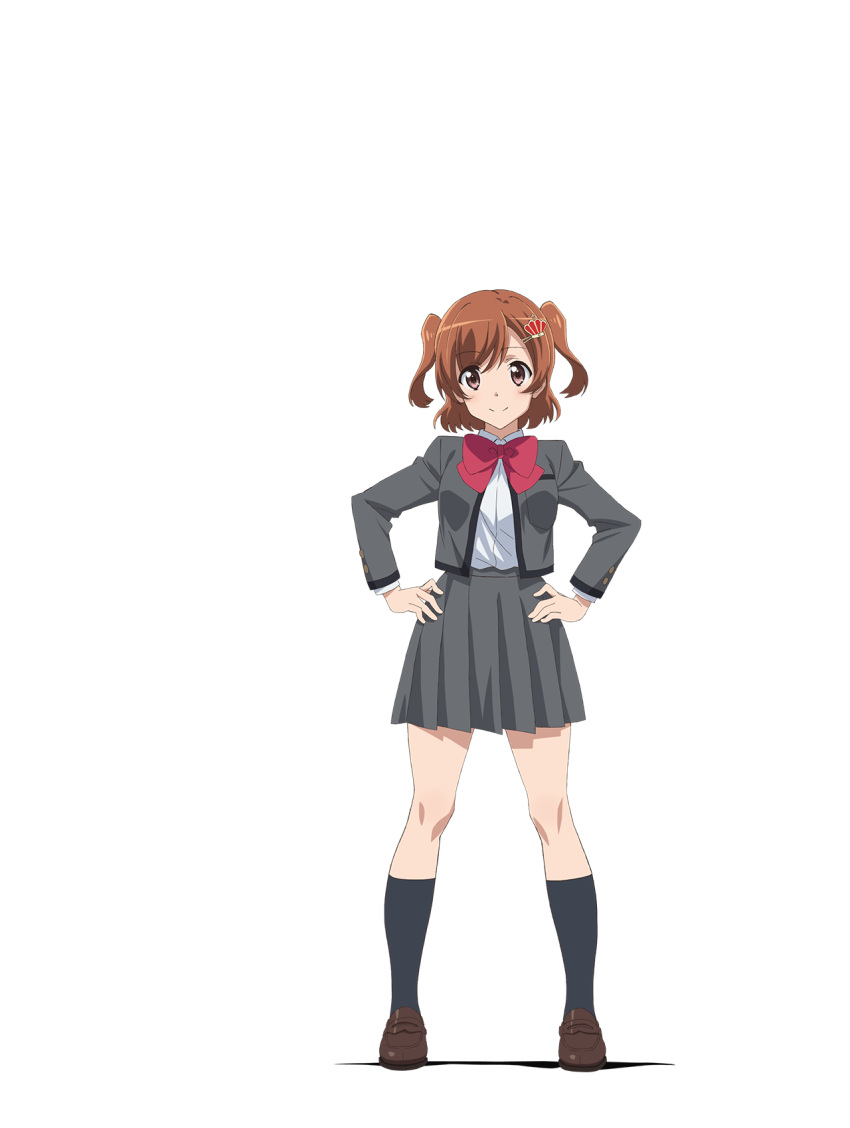 aijou_karen black_legwear blush body_blush bow bowtie breast_pocket breasts brown_eyes brown_footwear brown_hair collared_shirt crown_hair_ornament eyebrows_visible_through_hair eyes_visible_through_hair grey_jacket grey_skirt hands_on_hips highres jacket kneehighs legs_apart loafers looking_at_viewer medium_breasts miniskirt official_art open_clothes open_jacket pleated_skirt pocket red_neckwear saita_hiroyuki school_uniform seishou_music_academy_uniform shadow shiny shiny_footwear shiny_hair shirt shirt_tucked_in shoes shoujo_kageki_revue_starlight skirt smile solo standing transparent_background two_side_up white_shirt