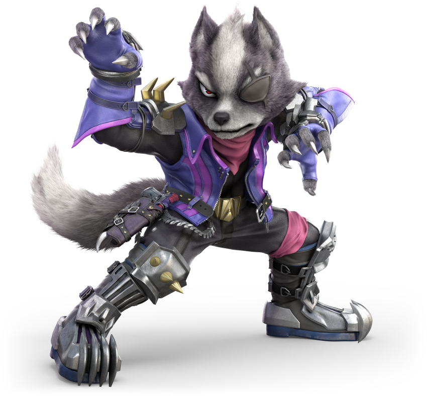 2018 3d_(artwork) 5_fingers alpha_channel anthro ascot boots canine claws clothed clothing digital_media_(artwork) eye_patch eyewear footwear fur grey_fur gun hi_res looking_at_viewer male mammal nintendo official_art pants portrait pose ranged_weapon red_eyes sharp_claws shirt simple_background solo spikes spread_legs spreading standing star_fox super_smash_bros super_smash_bros._ultimate transparent_background unknown_artist video_games weapon white_fur wolf wolf_o'donnell