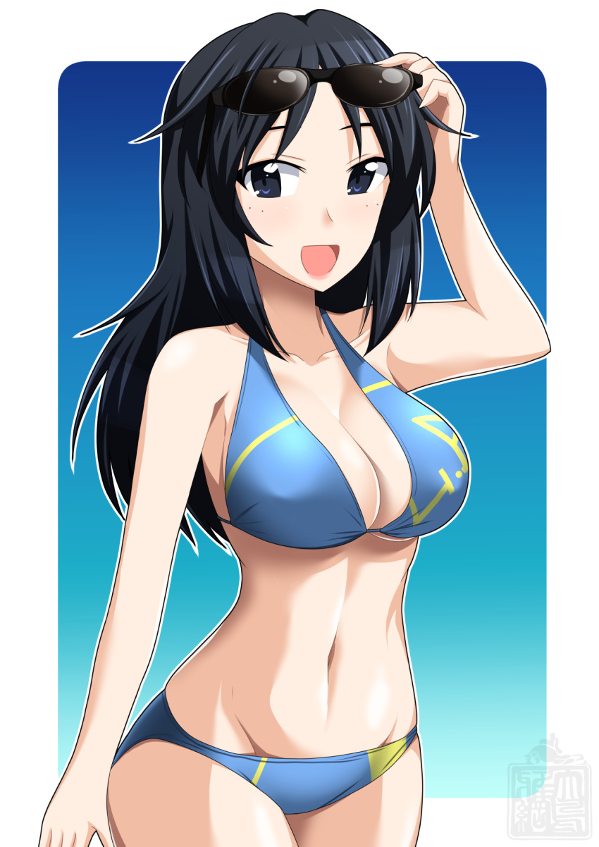 :d adjusting_eyewear bangs bikini black_hair blue_background blue_bikini blue_eyes breasts cleavage commentary cowboy_shot eyewear_on_head freckles girls_und_panzer gradient gradient_background highres long_hair looking_at_viewer medium_breasts navel ootori_masatsuna open_mouth outside_border print_bikini smile solo standing sunglasses swimsuit watermark yamagou_ayumi