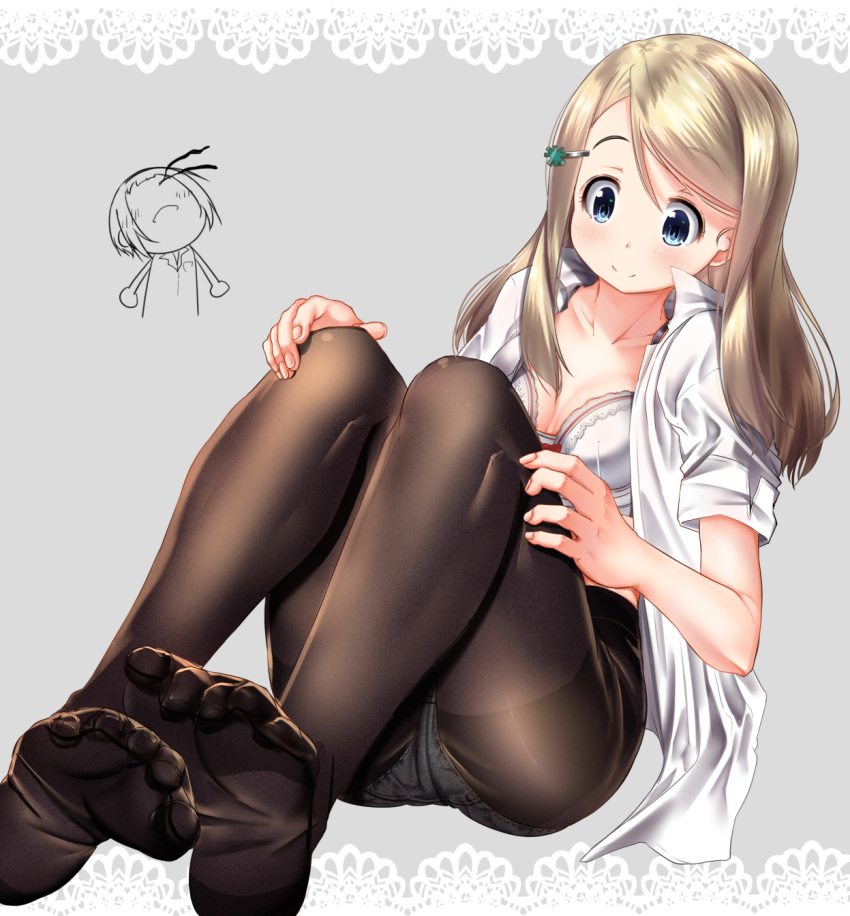 ayase_arisa bangs blue_eyes blush bow bow_bra bra breasts brown_hair brown_legwear chibi closed_mouth collarbone collared_shirt commentary_request dutch_angle eyebrows_visible_through_hair faceless faceless_female feet fine_fabric_emphasis fingernails grey_background hair_between_eyes hand_on_own_knee highres lace_border long_hair love_live! love_live!_school_idol_project mad_(hazukiken) no_shoes nose_blush open_clothes open_shirt panties panties_under_pantyhose pantyhose shirt short_sleeves sitting small_breasts smile soles solo_focus thighband_pantyhose underwear white_bra white_panties white_shirt