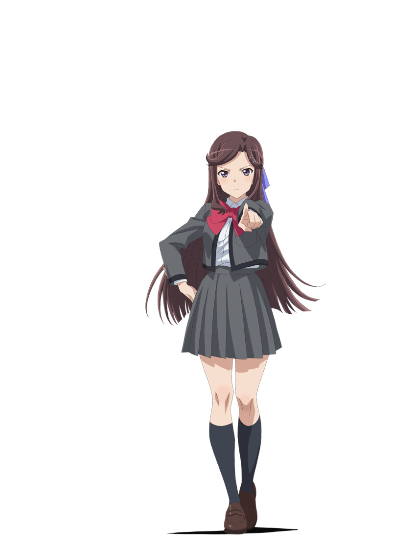 bangs black_legwear blue_ribbon body_blush bow bowtie breast_pocket breasts brown_footwear brown_hair collared_shirt frown grey_jacket grey_skirt hair_ornament hair_ribbon hand_on_hip highres jacket kneehighs leg_up loafers long_hair looking_at_viewer medium_breasts miniskirt official_art open_clothes open_jacket parted_bangs pleated_skirt pocket pointing pointing_at_viewer red_neckwear ribbon saita_hiroyuki school_uniform seishou_music_academy_uniform shadow shiny shiny_footwear shiny_hair shirt shirt_tucked_in shoes shoujo_kageki_revue_starlight skirt solo standing tendou_maya transparent_background v-shaped_eyebrows white_shirt x_hair_ornament