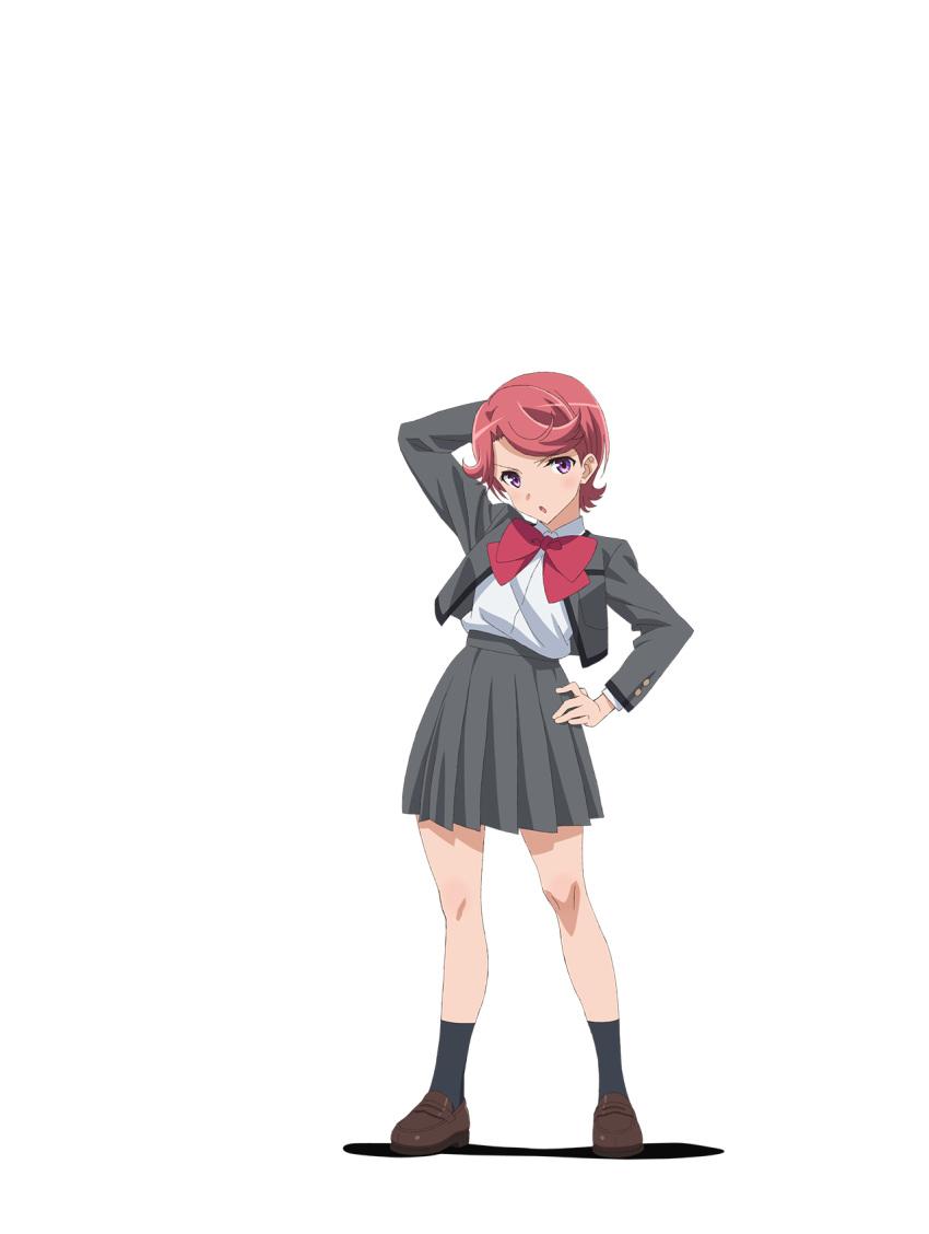 :o bangs black_legwear blush body_blush bow bowtie breast_pocket brown_footwear collared_shirt earrings grey_jacket grey_skirt hand_behind_head hand_on_hip highres isurugi_futaba jacket jewelry legs_apart loafers looking_at_viewer miniskirt official_art open_clothes open_jacket open_mouth parted_bangs pink_hair pleated_skirt pocket purple_eyes red_earrings red_neckwear saita_hiroyuki school_uniform seishou_music_academy_uniform shadow shiny shiny_footwear shiny_hair shirt shirt_tucked_in shoes shoujo_kageki_revue_starlight skirt socks solo standing tongue transparent_background v-shaped_eyebrows white_shirt