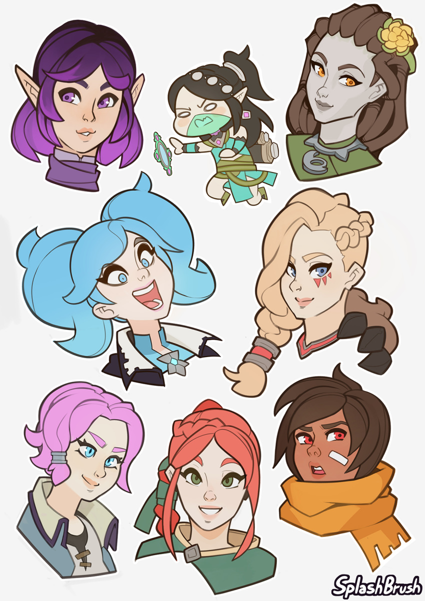 bandaid bandaid_on_face bangs bare_shoulders black_hair blonde_hair blue_eyes blue_hair braid brown_hair cassie_(paladins) dark_skin earrings evie_(paladins) flower green_eyes green_hair hair_flower hair_ornament hairlocs highres inara_(paladins) jewelry kinessa light_smile lips long_hair maeve_(paladins) multicolored_hair multiple_girls paladins parted_bangs pink_hair pointy_ears ponytail purple_eyes purple_hair red_hair short_hair side_ponytail single_braid skye_(paladins) sleeveless smile splashbrush twintails two-tone_hair tyra_(paladins) very_long_hair ying_(paladins)