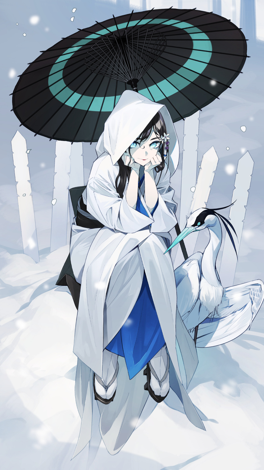 arm_support bird black_hair blue_eyes chin_rest commentary flower geta god hair_flower hair_ornament heron highres hood japanese_clothes kamameshi_gougoumaru kimono long_hair looking_to_the_side obi oriental_umbrella original pale_skin sash shinkei_sanjuurokkaisen sitting snow solo tabi umbrella