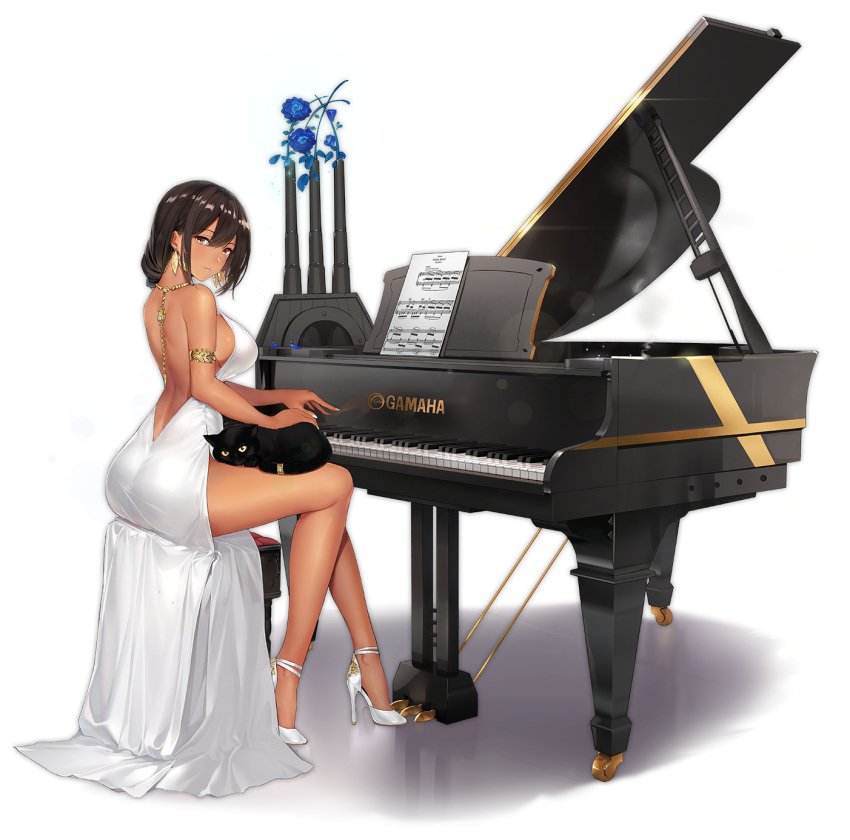 alternate_costume animal animal_on_lap armlet ass azur_lane back backless_dress backless_outfit bangs bare_legs bare_shoulders black_cat blue_flower brand_name_imitation breasts brown_eyes cat dark_skin dress earrings evening_gown flower formal formalin from_behind full_body grand_piano hair_over_shoulder halterneck high_heels highres instrument jewelry kaede_(003591163) large_breasts legs lens_flare long_dress looking_back nail_polish native_american official_art parted_lips piano piano_bench sheet_music side_slit sideboob sitting sleeveless sleeveless_dress solo south_dakota_(azur_lane) stiletto_heels strap_gap transparent_background white_dress white_footwear white_nails yamaha