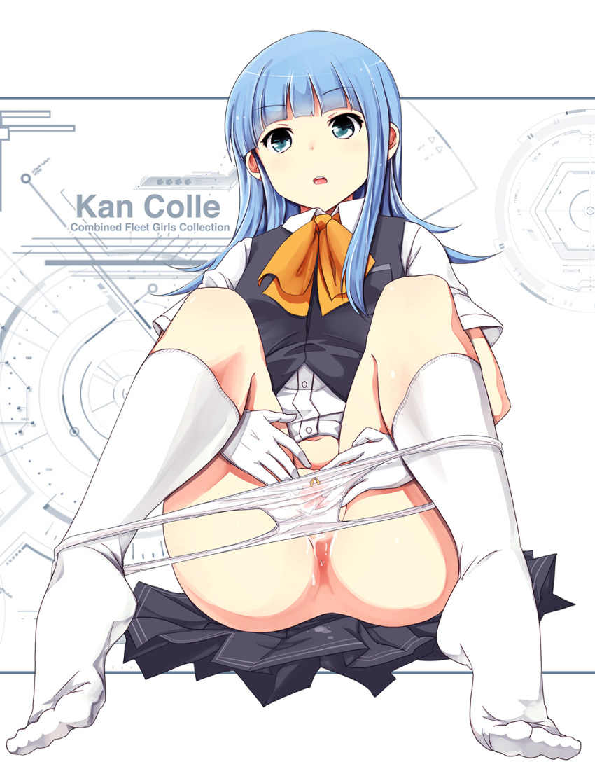 1girl ascot ass bangs blue_eyes blue_hair blunt_bangs blush eyebrows_visible_through_hair feet gloves hatsukaze_(kantai_collection) highres hime_cut kantai_collection long_hair looking_at_viewer mishima_hiroji open_clothes open_mouth orange_neckwear panties panty_pull pussy pussy_juice shirt skirt solo spread_pussy thighs underwear vest white_background white_gloves white_legwear white_shirt