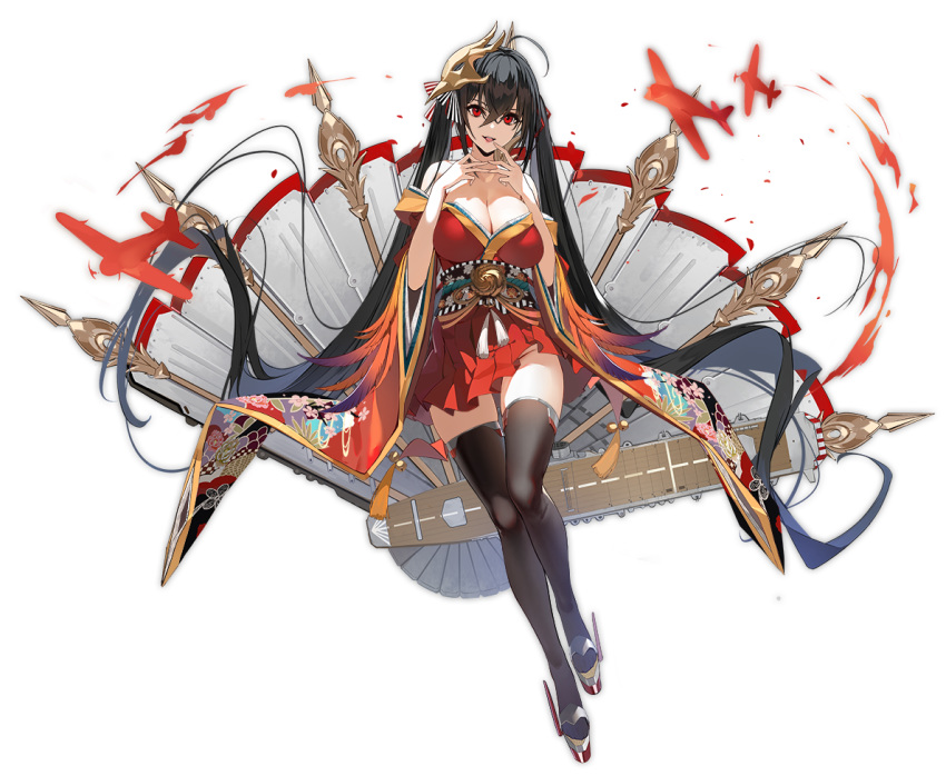 absurdly_long_hair azur_lane black_hair black_legwear breasts cleavage fan flight_deck full_body hair_ornament japanese_clothes large_breasts long_hair looking_at_viewer mr_cloud official_art red_eyes solo taihou_(azur_lane) thighhighs transparent_background twintails very_long_hair