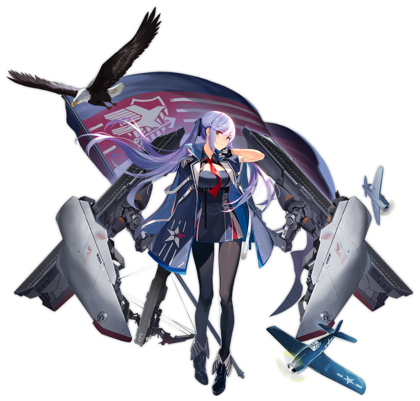 adjusting_hair aircraft airplane azur_lane bald_eagle bird black_legwear blue_cloak blue_hair boots bow_(weapon) braid breasts crossbow doitsu_no_kagaku dress eagle essex_(azur_lane) f6f_hellcat flag flagpole flight_deck full_body highres large_breasts long_hair machinery necktie official_art pantyhose solo transparent_background twintails weapon yellow_eyes