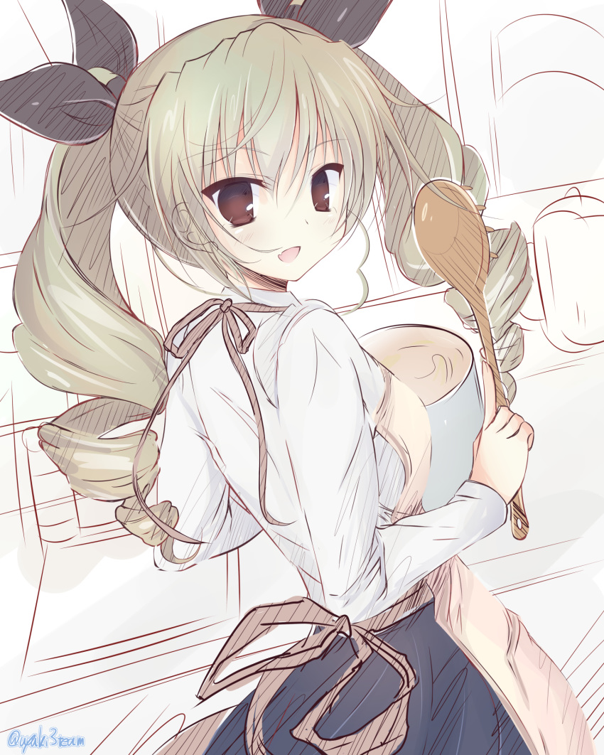 anchovy apron bangs casual commentary drill_hair eyebrows_visible_through_hair from_behind getsumen_suibaku_ver._a(c) girls_und_panzer green_hair highres holding holding_ladle kitchen ladle long_hair long_sleeves looking_at_viewer looking_back open_mouth red_eyes shirt sketch smile solo standing twin_drills twintails upper_body white_shirt yellow
