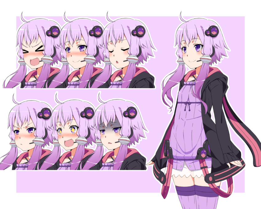 &gt;_&lt; :d ahoge animal_ears animal_hood bangs black_jacket bunny_ears bunny_hood criss-cross_halter dress expressions eyebrows_visible_through_hair hair_ornament halterneck headset hood hood_down hooded_jacket jacket long_sleeves open_mouth pout purple_background purple_eyes purple_hair purple_legwear ribbed_dress ribbed_legwear shaded_face short_hair_with_long_locks sidelocks sleeves_past_wrists smile star star-shaped_pupils strapless strapless_dress symbol-shaped_pupils thighhighs tube_dress voiceroid yamazaki_(now_printing) yuzuki_yukari zettai_ryouiki