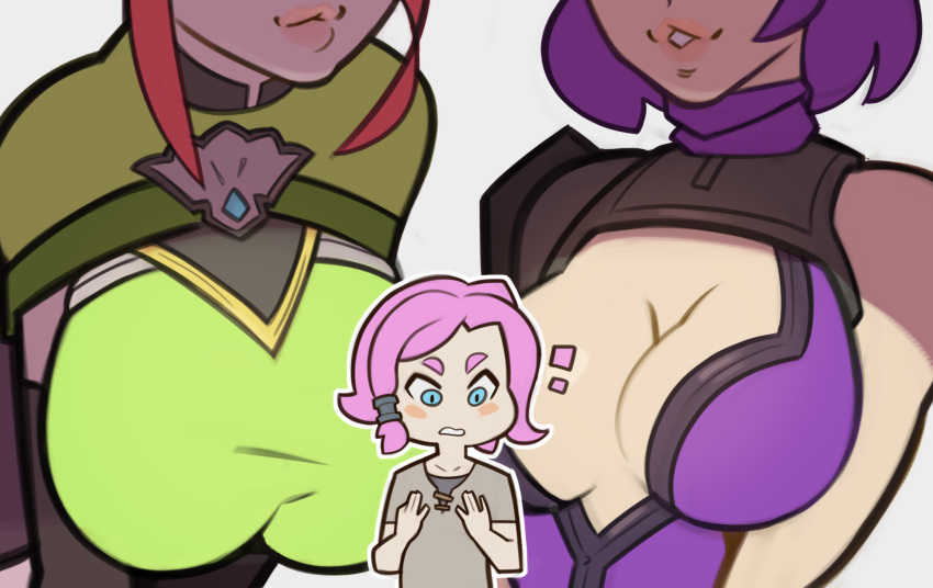 blue_eyes breasts cassie_(paladins) cleavage commentary flat_chest hair_ornament highres large_breasts lips long_hair maeve_(paladins) multiple_girls paladins pink_hair purple_hair red_hair short_hair skye_(paladins) smile splashbrush