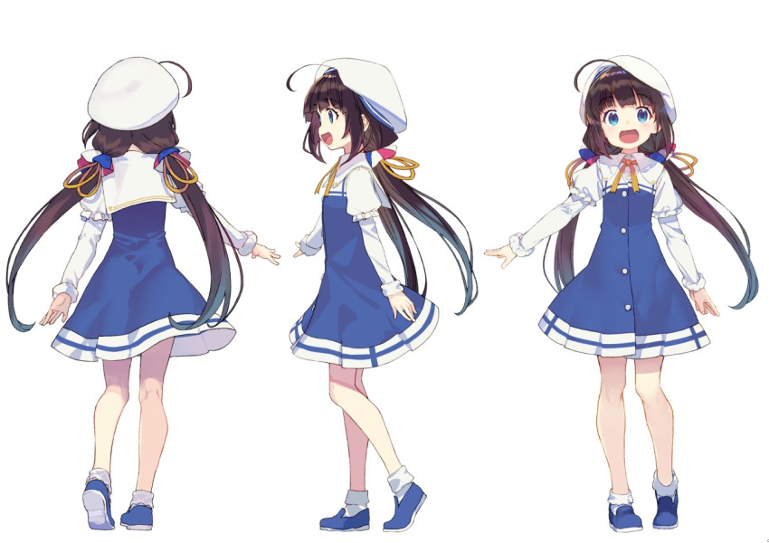 ahoge blue_dress blue_eyes blue_footwear brown_hair commentary dress hat hinatsuru_ai kneepits long_hair low_twintails multiple_views official_art open_mouth ryuuou_no_oshigoto! shirabi shoes smile socks turnaround twintails