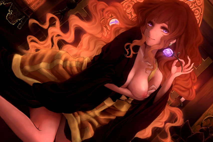 arm_under_breasts black_dress breast_hold breasts collarbone commentary_request cowboy_shot dress dutch_angle earrings ears flower gradient_hair highres hijiri_byakuren holding holding_flower jewelry kesa lips long_hair looking_at_viewer mayoln medium_breasts multicolored_hair nipples no_bra nose one_breast_out purple_eyes purple_flower sitting solo touhou two-tone_hair wariza wavy_hair