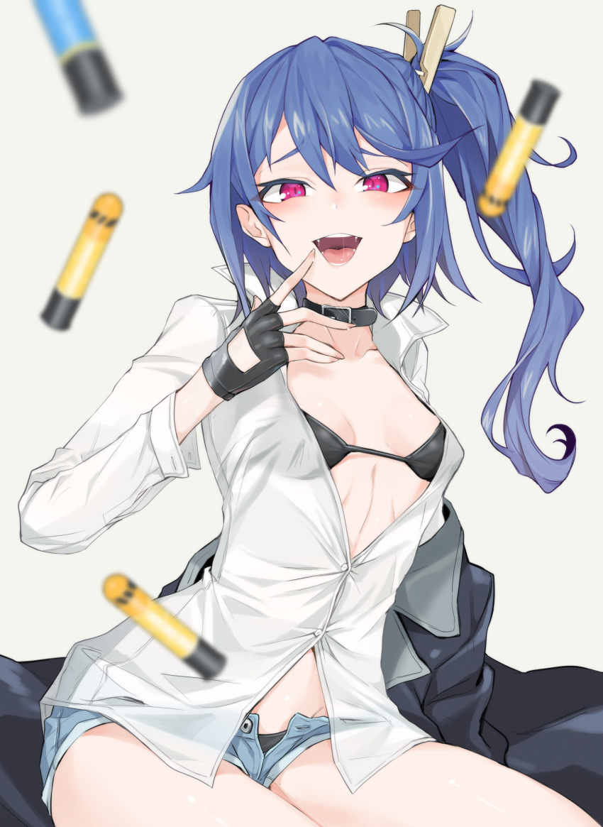 bikini black_bikini black_choker black_gloves blue_hair blurry blurry_foreground blush breasts buckle buttons choker coat coat_removed collarbone collared_shirt denim denim_shorts depth_of_field dress_shirt explosive fangs finger_to_mouth fingerless_gloves girls_frontline gloves grenade grey_background grey_coat hair_ornament hairclip hand_up highres jingo k11_(girls_frontline) leather_choker long_hair long_sleeves messy_hair micro_shorts midriff open_clothes open_fly open_mouth open_shorts pale_skin partially_unbuttoned popped_collar red_eyes ribs shirt shorts side_ponytail sidelocks simple_background small_breasts solo swimsuit thighs unbuttoned white_shirt wing_collar