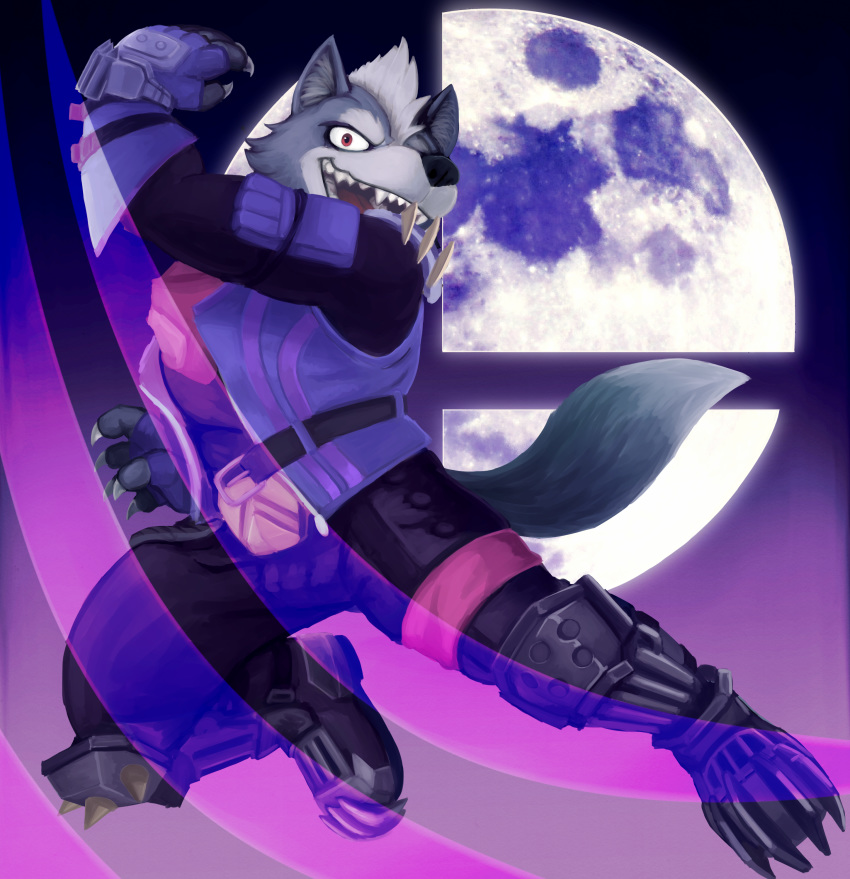 action_pose canine clothed clothing fur male mammal moon nintendo open_mouth pose simple_background smile solo spectral-bat star_fox super_smash_bros video_games wolf wolf_o'donnell
