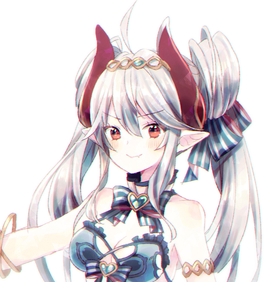 &gt;:) ahoge bangs bare_shoulders blue_bow blush bow breasts cleavage closed_mouth commentary_request cryptract double_bun eyebrows_visible_through_hair fang fang_out hair_between_eyes hair_bow headpiece heart highres horns kikka_(kicca_choco) medium_breasts pointy_ears red_eyes side_bun silver_hair simple_background smile solo striped striped_bow twintails v-shaped_eyebrows white_background