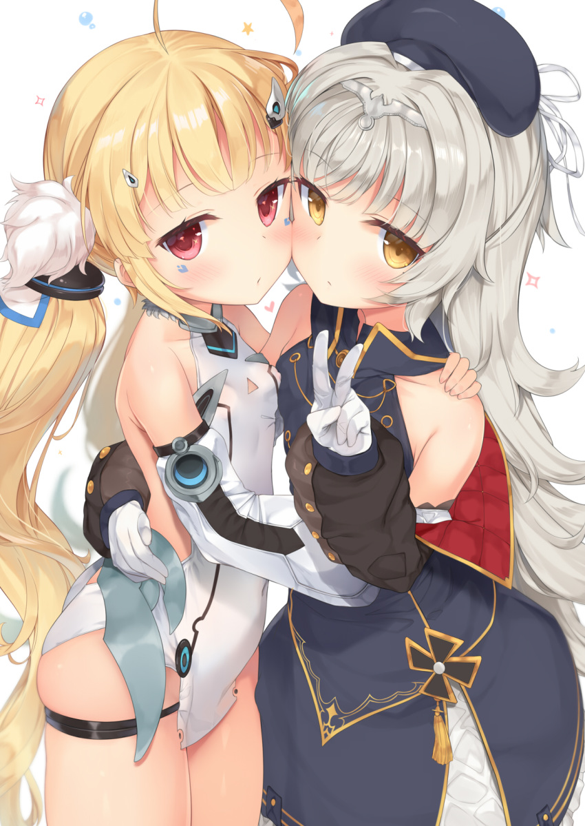 ahoge ass azur_lane bangs bare_shoulders beret blonde_hair blue_dress blue_hat brown_eyes cheek-to-cheek commentary_request detached_sleeves dress eldridge_(azur_lane) eyebrows_visible_through_hair facial_mark fingernails fujieda_uzuki gloves hair_ornament hairclip hand_on_another's_shoulder hat headpiece highres iron_cross long_hair long_sleeves low_twintails multiple_girls puffy_long_sleeves puffy_sleeves red_eyes ribbon sidelocks silver_hair simple_background sleeveless sleeveless_dress twintails v very_long_hair white_background white_dress white_gloves white_ribbon z46_(azur_lane)