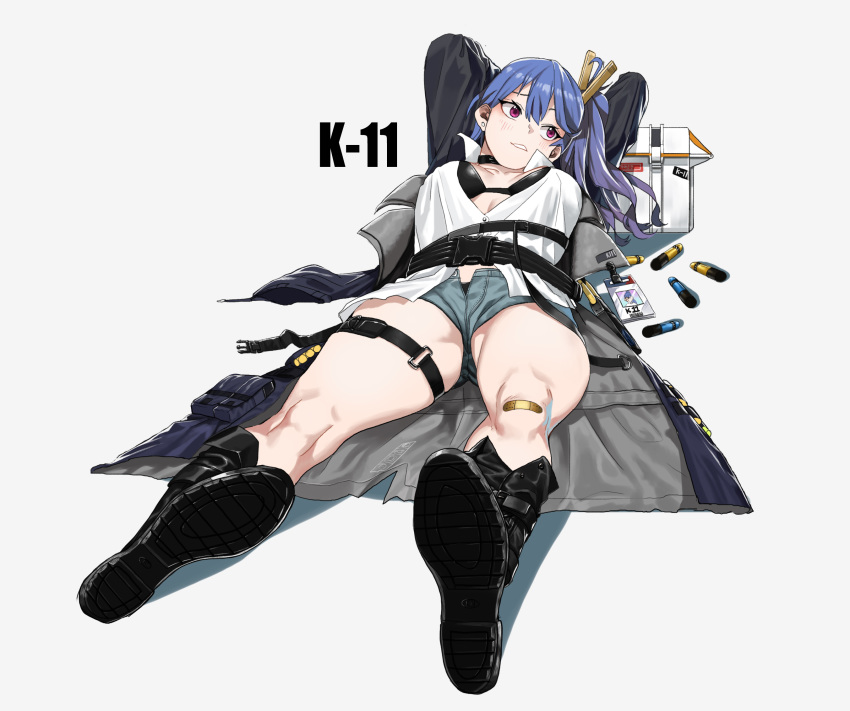 arms_behind_head bandaid bikini black_bikini black_footwear blue_hair blush boots breasts buckle character_name collarbone collared_shirt combat_boots commentary_request cooler dress_shirt earrings explosive foreshortening girls_frontline grenade grey_background grey_coat hair_between_eyes hair_ornament hairclip highres ihobus jewelry k11_(girls_frontline) korean_commentary leather_choker long_sleeves looking_to_the_side lying messy_hair multimeter multiple_straps name_tag on_back open_mouth partially_unbuttoned popped_collar pouch red_eyes shirt shoe_soles shorts side_ponytail sidelocks simple_background skindentation solo swimsuit thighs white_shirt wing_collar