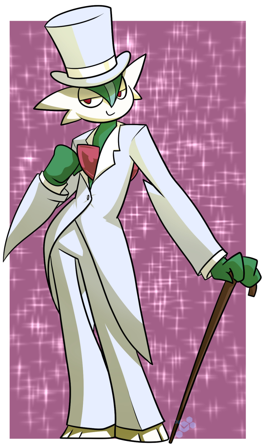 2018 cane classy clothed clothing gallade hat male nintendo pok&eacute;mon pok&eacute;mon_(species) potoobrigham red_eyes sir_gallade smile sparkles suit top_hat video_games