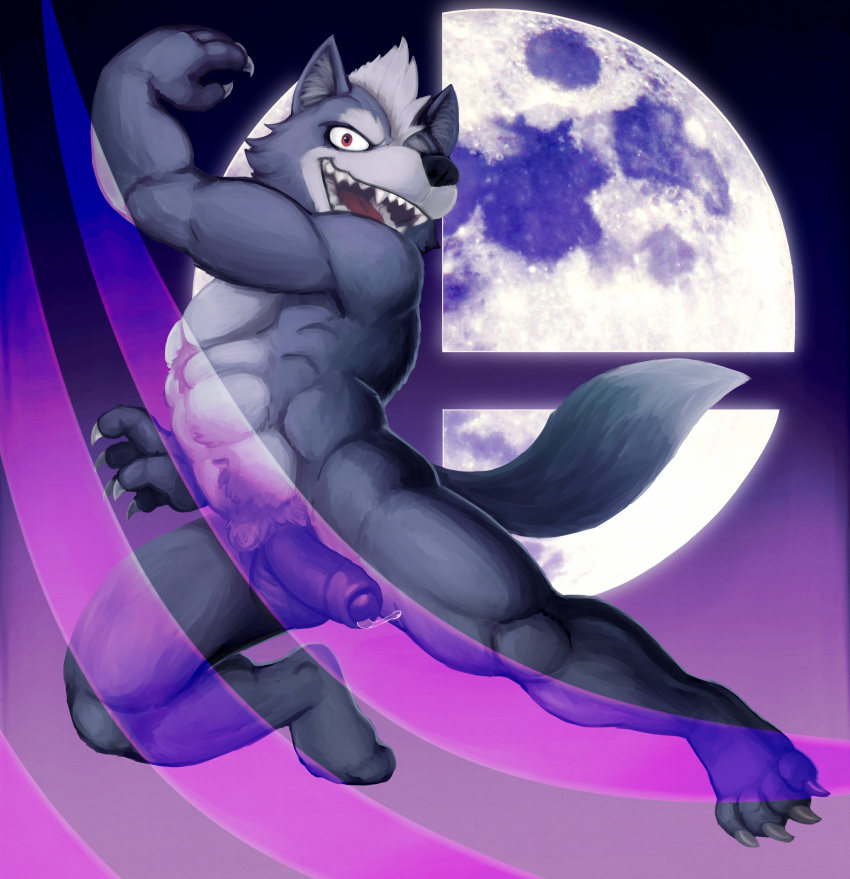 2018 absurd_res action_pose anthro balls canine flaccid fur hi_res humanoid_penis looking_at_viewer male mammal moon muscular nintendo nude open_mouth penis pose precum simple_background smile solo spectral-bat star_fox super_smash_bros teeth uncut video_games wolf wolf_o'donnell