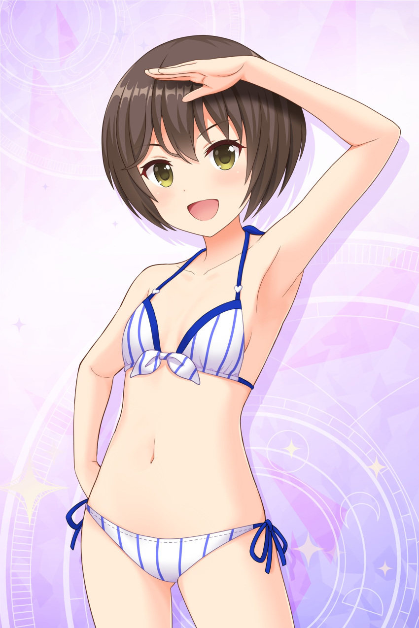 1girl absurdres alternative_girls armpits bikini blush breasts brown_hair collarbone cowboy_shot highres navel official_art open_mouth pink_background short_hair side-tie_bikini small_breasts smile swimsuit tachibana_naomi white_bikini yellow_eyes