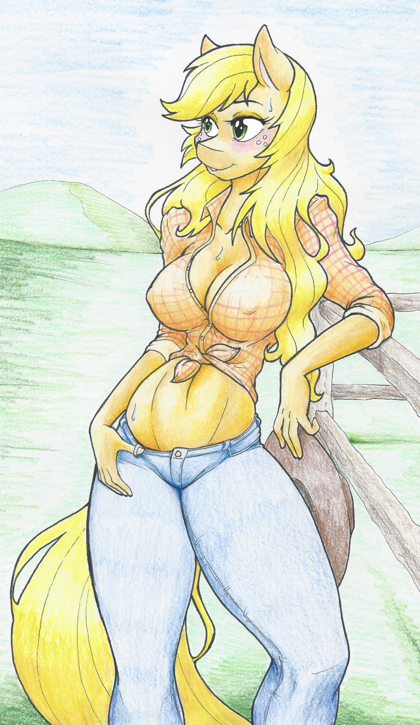 2018 anthro anthrofied applejack_(mlp) blonde_hair breasts cleavage clothed clothing equine female flicker-show freckles friendship_is_magic green_eyes hair horse long_hair mammal my_little_pony navel nipple_bulge pony solo sweat