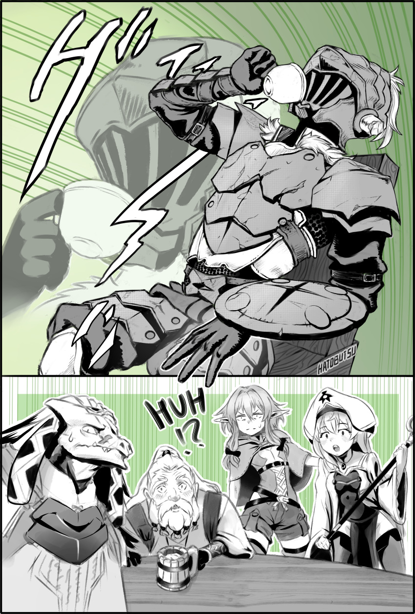 3boys absurdres armor beard breasts buckler cloak comic commentary cup drinking dwarf dwarf_(goblin_slayer) elf english facial_hair flat_chest full_armor goblin_slayer goblin_slayer! hatobutsu helmet high_elf_archer_(goblin_slayer!) highres huge_filesize jojo_no_kimyou_na_bouken lizard_priest(goblin_slayer) medium_breasts multiple_boys multiple_girls parody pointy_ears priestess_(goblin_slayer!) season_connection shield sitting sweatdrop vento_aureo