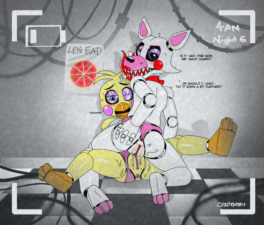 3_fingers 3_toes absurd_res animatronic anthro anus avian bird black_sclera blush butt camera canine chicken clothing couple_(disambiguation) cowgirl_position cruelpastry dialogue domination english_text feet female female/female female_domination five_nights_at_freddy's five_nights_at_freddy's_2 flat_chested food fox hi_res licking licking_lips long_tongue looking_at_viewer looking_pleasured lying machine mammal mangle_(fnaf) on_back on_top one_eye_closed panties panties_aside pizza pussy pussy_juice ribbons robot saliva sex spread_legs spreading text toes tongue tongue_out toy_chica_(fnaf) tribadism underwear underwear_aside video_games