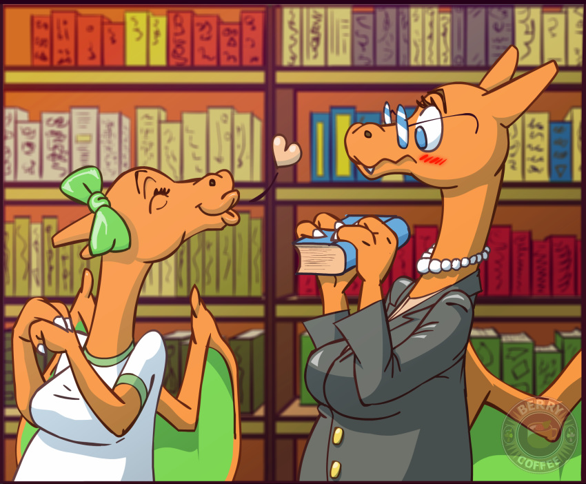 age_difference berriesandcoffee blush book bow charizard duo eyewear female female/female franchesca glasses kissing librarian library nintendo pok&eacute;mon pok&eacute;mon_(species) video_games