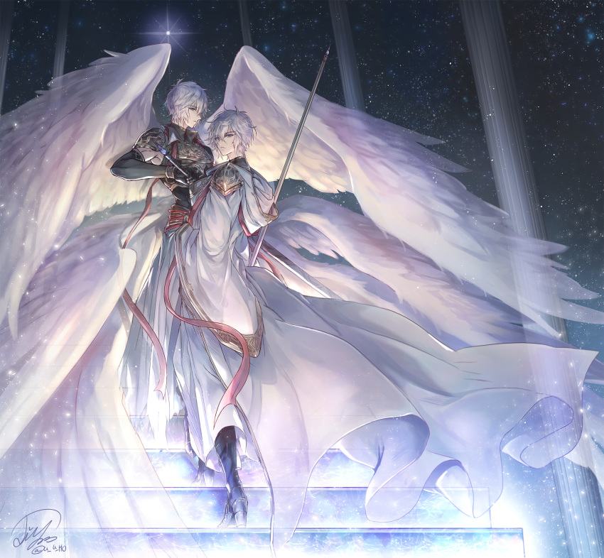 black_footwear black_gloves breastplate cape eyebrows_visible_through_hair feathered_wings gloves granblue_fantasy grey_eyes hair_between_eyes highres holding holding_sword holding_weapon hooded jiyo_(3510_tss) looking_at_viewer looking_back lucifer_(shingeki_no_bahamut) lucilius_(granblue_fantasy) male_focus multiple_boys short_hair shoulder_armor signature silver_hair sky spaulders star_(sky) starry_sky sword weapon white_cape white_wings wings