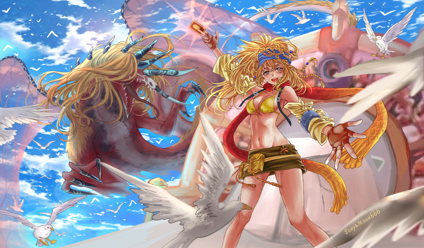 absurdres aircraft airship arm_up bandana beads bikini_top bird blonde_hair blue_sky braid breasts card claws cleavage commentary commission detached_sleeves dragon fangs final_fantasy final_fantasy_x final_fantasy_x-2 fingerless_gloves gloves highres horns looking_at_viewer medium_breasts monster navel open_mouth outstretched_arm rikku scarf skirt sky smile sonyamoon666 stomach wings yellow_bikini_top yuu-gi-ou