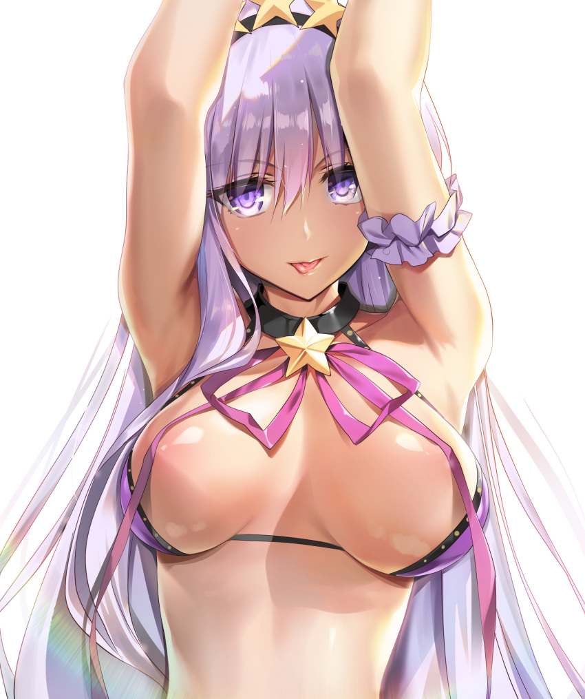 :p armpits arms_up bangs bare_shoulders bb_(fate)_(all) bb_(swimsuit_mooncancer)_(fate) bikini black_choker black_hairband breasts breasts_apart choker collarbone commentary_request eyebrows_visible_through_hair fate/grand_order fate_(series) hair_between_eyes hair_ornament hairband highres large_breasts long_hair neck_ribbon parted_lips pink_ribbon purple_bikini purple_eyes purple_hair ribbon simple_background smile solo star star_hair_ornament swimsuit tan tongue tongue_out very_long_hair white_background youta