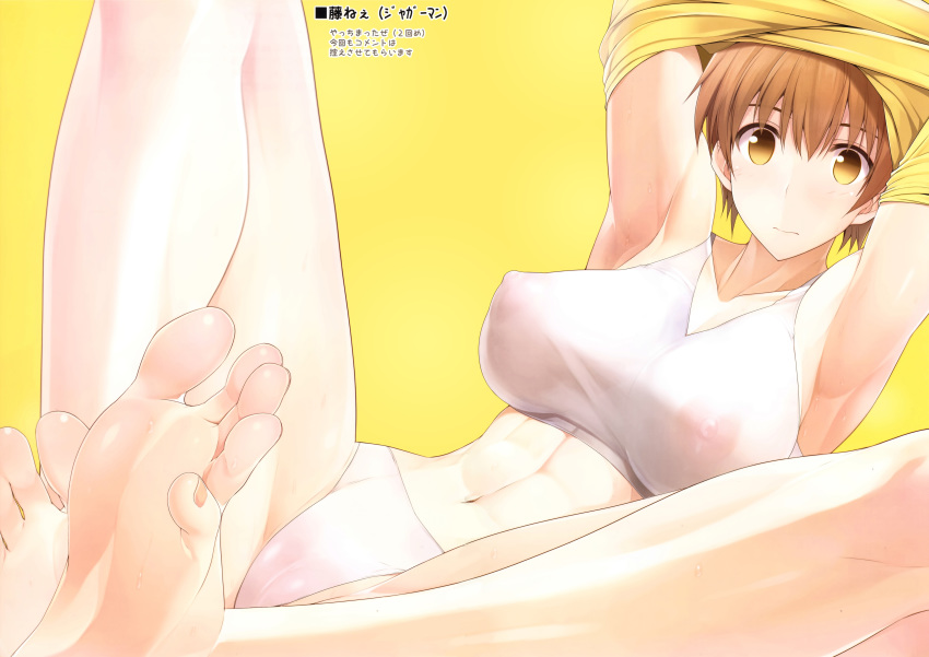 abs absurdres armpits arms_up barefoot breasts brown_hair fate/grand_order fate/stay_night fate_(series) feet fujimura_taiga greek_toe highres huge_filesize large_breasts legs looking_at_viewer naturalton panties red_hair scan see-through soles sweat toenails toes toned translation_request underwear yellow_eyes