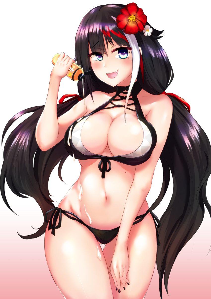 azur_lane bangs bikini black_bikini black_hair black_nails blue_eyes blush breasts center_opening cleavage cowboy_shot deutschland_(azur_lane) eyebrows_visible_through_hair fang flower front-tie_bikini front-tie_top gradient_hair hair_flower hair_ornament hair_ribbon halter_top halterneck highres ibara_azuki large_breasts long_hair looking_at_viewer lotion low_twintails mole mole_on_body multicolored_hair nail_polish navel open_mouth red_hair ribbon side-tie_bikini silver_hair smile solo stomach streaked_hair suggestive_fluid sunscreen swimsuit twintails very_long_hair