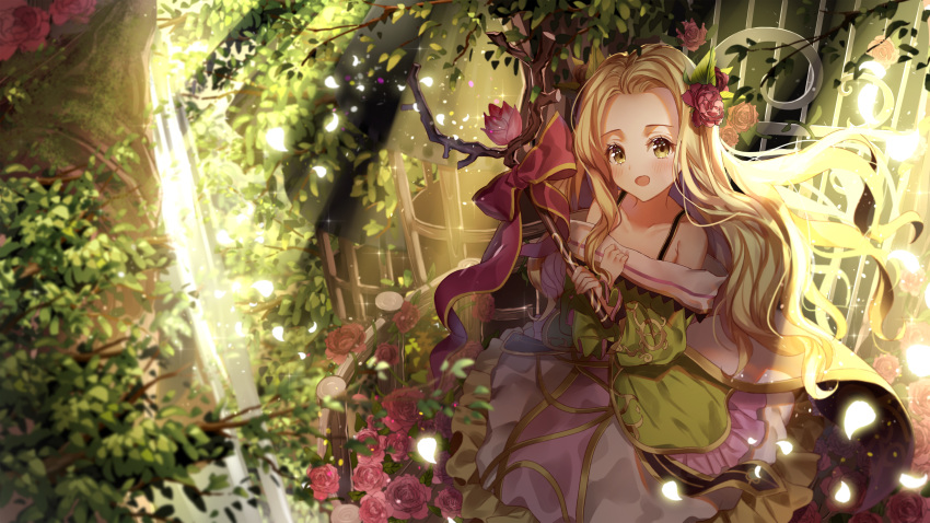 :o absurdres balcony bare_shoulders blonde_hair bow brown_eyes day dress elf flower forest green green_dress hand_up highres holding holding_wand huge_filesize lium long_hair looking_at_viewer nature nina_(teria_saga) outdoors petals pointy_ears railing red_bow rose sitting solo teria_saga tree very_long_hair wand water waterfall