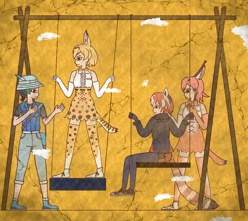 4girls animal_ear_fluff animal_ears bag bare_shoulders black_gloves black_hair black_legwear black_neckwear blonde_hair blue_vest bow bowtie caracal_(kemono_friends) caracal_ears caracal_tail center_frills commentary_request crack egyptian_art fur_collar gloves green_hair grey_pants hat hat_feather high-waist_skirt highres kemono_friends kita_(7kita) kyururu_(kemono_friends) lesser_panda_(kemono_friends) multicolored_hair multiple_girls orange_hair orange_neckwear panda_ears pants pantyhose print_legwear print_neckwear print_skirt profile serval_(kemono_friends) serval_ears serval_print serval_tail shirt short_hair sitting skirt sleeveless sleeveless_shirt smile standing swing tail thighhighs two-tone_hair vest white_hair white_shirt