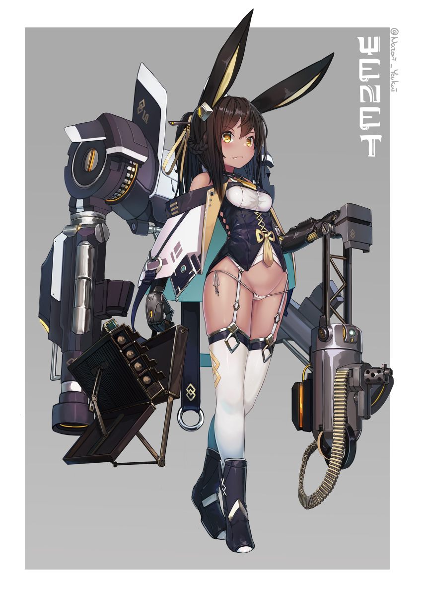 1girl absurdres ammunition_belt animal_ears bangs bare_shoulders black_footwear black_hair black_shirt blush boots braid breasts bunny_ears capelet closed_mouth commentary_request dark_skin french_braid full_body garter_straps groin gun highres long_hair looking_at_viewer mecha_musume mechanical_arms micro_panties natori_youkai no_pants original panties ponytail shirt side-tie_panties skindentation small_breasts solo standing thighhighs twitter_username underwear weapon white_legwear white_panties yellow_eyes
