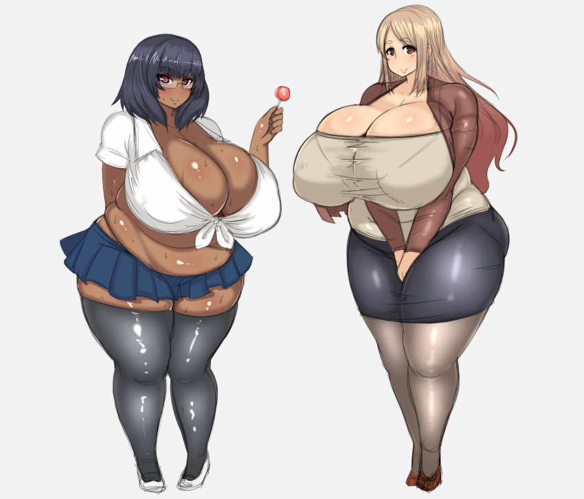 2girls black_hair blonde_hair blush breasts brown_eyes cleavage dark_skin fat gigantic_breasts glasses huge_breasts long_hair looking_at_viewer multiple_girls original plump red_eyes skirt smile standing tensai427 thick_eyebrows thick_thighs thighhighs thighs wide_hips