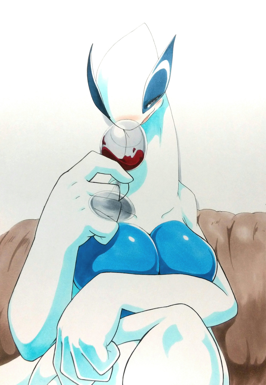 025aki alcohol anthro anthrofied beverage blue_eyes blush breasts drinking female front_view hi_res legendary_pok&eacute;mon looking_at_viewer lugia nintendo pok&eacute;mon pok&eacute;mon_(species) simple_background sitting smile solo video_games white_background wine