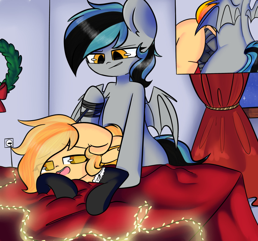 balls bed blush butt christmas clothed clothing collar duo erection fan_character friendship_is_magic girly grey_(oc) hi_res holidays leash legwear male male/male my_little_pony open_mouth penetration penis pone pudding_(oc) sex smile socks standing stockings theiftea thigh_highs