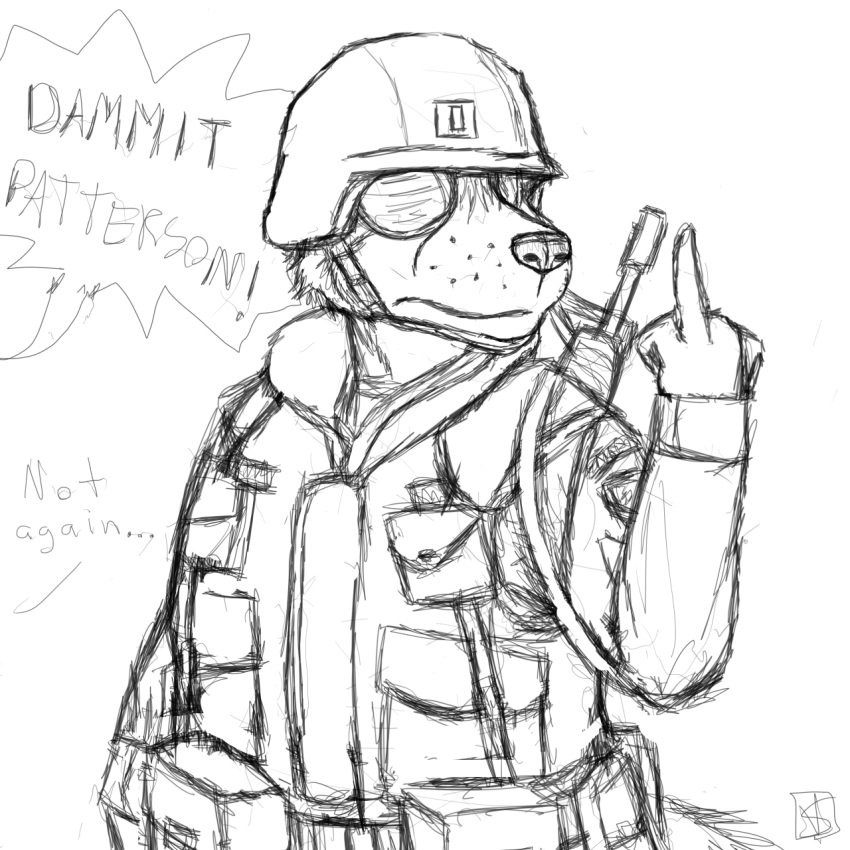 2018 anthro armor army big_breasts black_and_white breasts canine clothed clothing dialogue english_text female fox helmet kevlar mammal middle_finger monochrome peggy_patterson savagelyrandom soldier solo text uniform vest