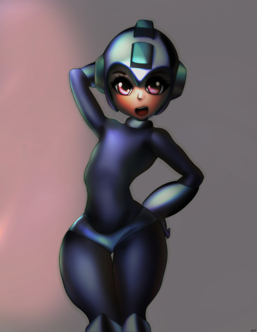 :d absurdres android arm_cannon arm_up blue_suit commentary english_commentary eyelashes hand_on_hip helmet highres male_focus narrow_waist open_mouth pink_eyes rockman rockman_(character) smile solo souf thick_thighs thigh_gap thighs weapon wide_hips