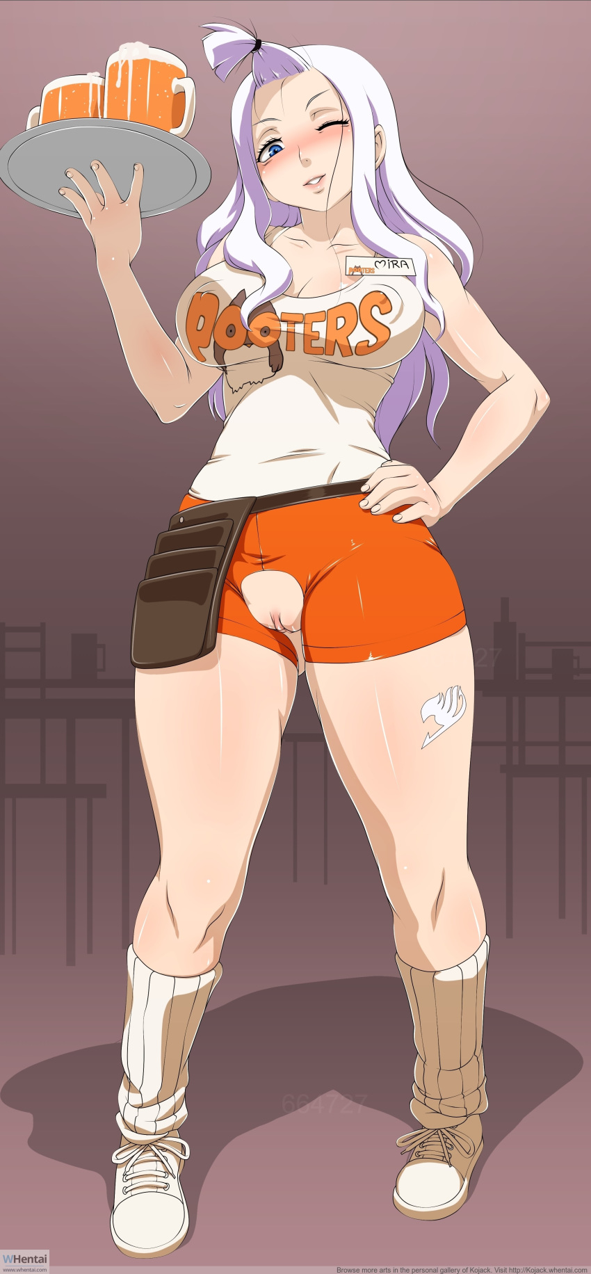1girl blue_eyes blush breasts cleavage employee_uniform fairy_tail feet female hooters large_breasts mirajane_strauss pussy shaved_pussy shoes shorts sneakers socks solo tattoo uniform white_hair wink
