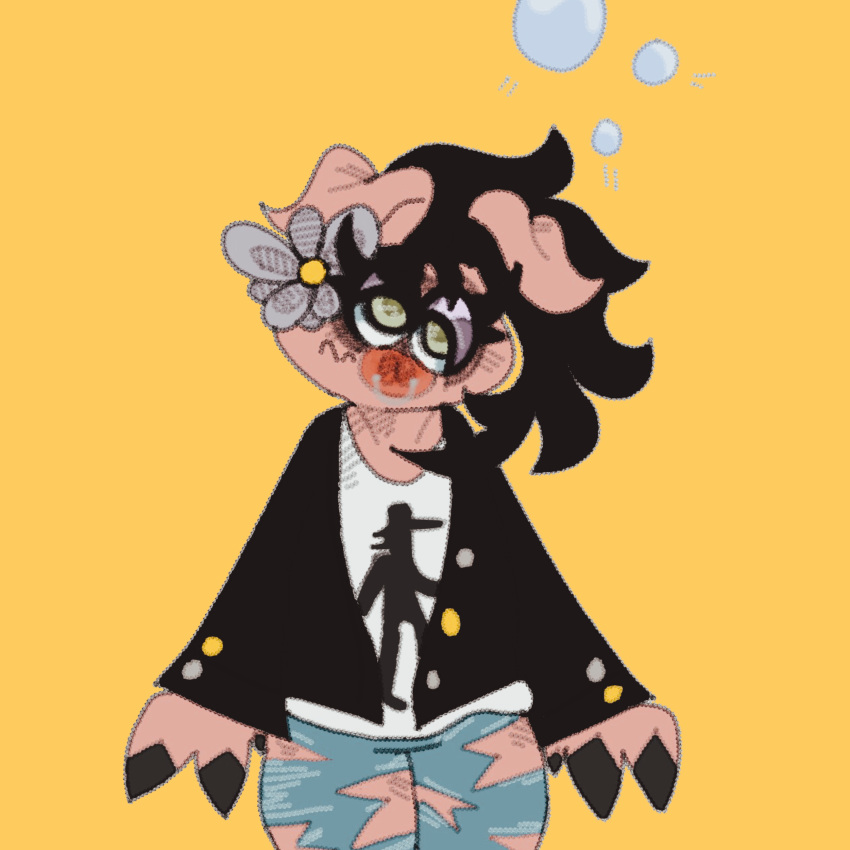 2019 anthro black_hair bunbles clothed clothing digital_media_(artwork) facial_piercing hair jeans leather looking_tired mammal nose_piercing nose_ring pants piercing pig porcine seth_champigny simple_background solo tired torn_clothing torn_jeans torn_pants yellow_background