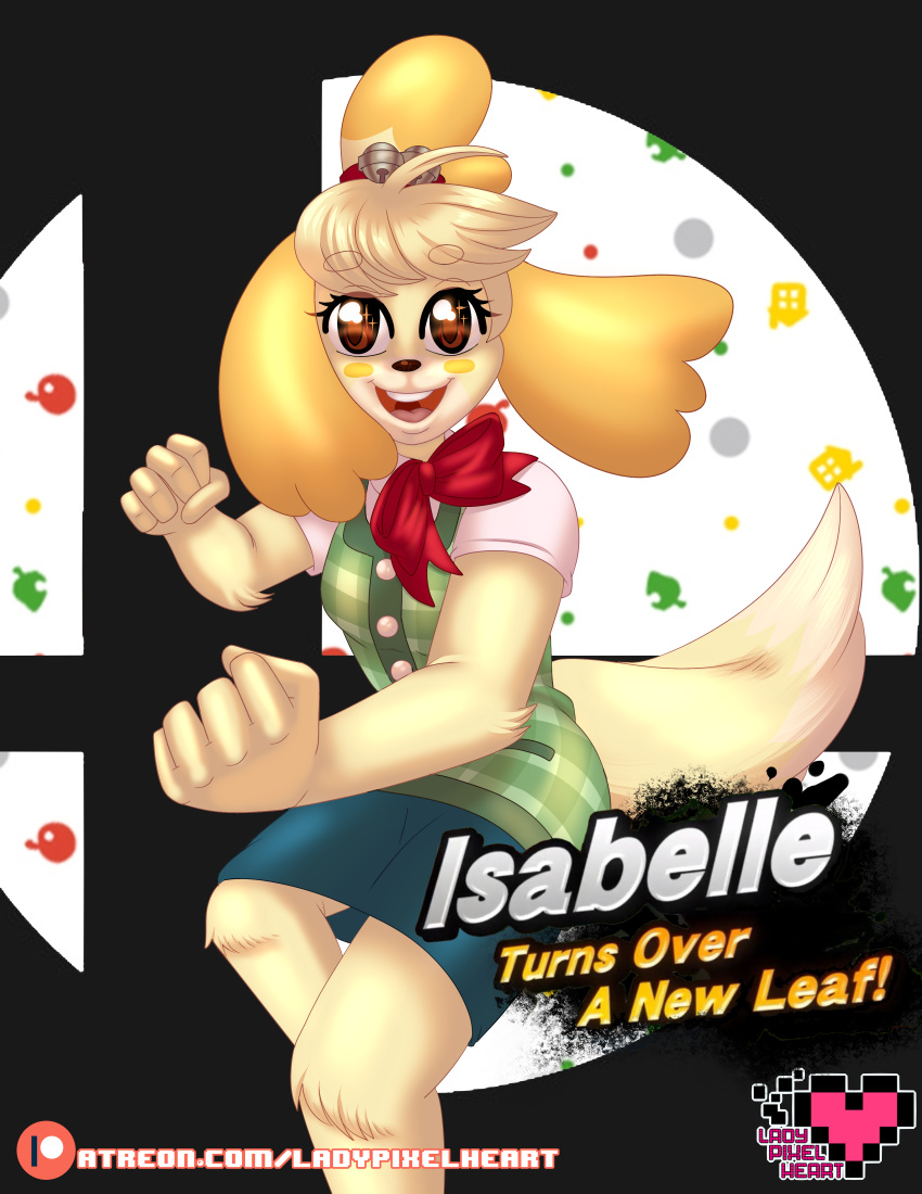 2018 absurd_res animal_crossing anthro blonde_hair canine clothed clothing digital_media_(artwork) dog english_text female hair hi_res isabelle_(animal_crossing) ladypixelheart looking_at_viewer mammal nintendo open_mouth open_smile patreon shih_tzu smile solo super_smash_bros text url video_games