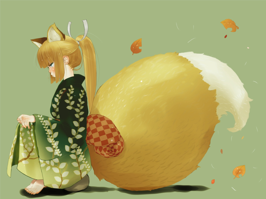 animal_ears bangs barefoot blonde_hair blue_eyes blunt_bangs blush closed_mouth commentary_request ebimomo eyebrows_visible_through_hair fox_ears fox_tail from_side green_background green_kimono highres japanese_clothes kimono kitsune large_tail leaf long_sleeves obi original ponytail profile sash simple_background sitting solo tail wide_sleeves
