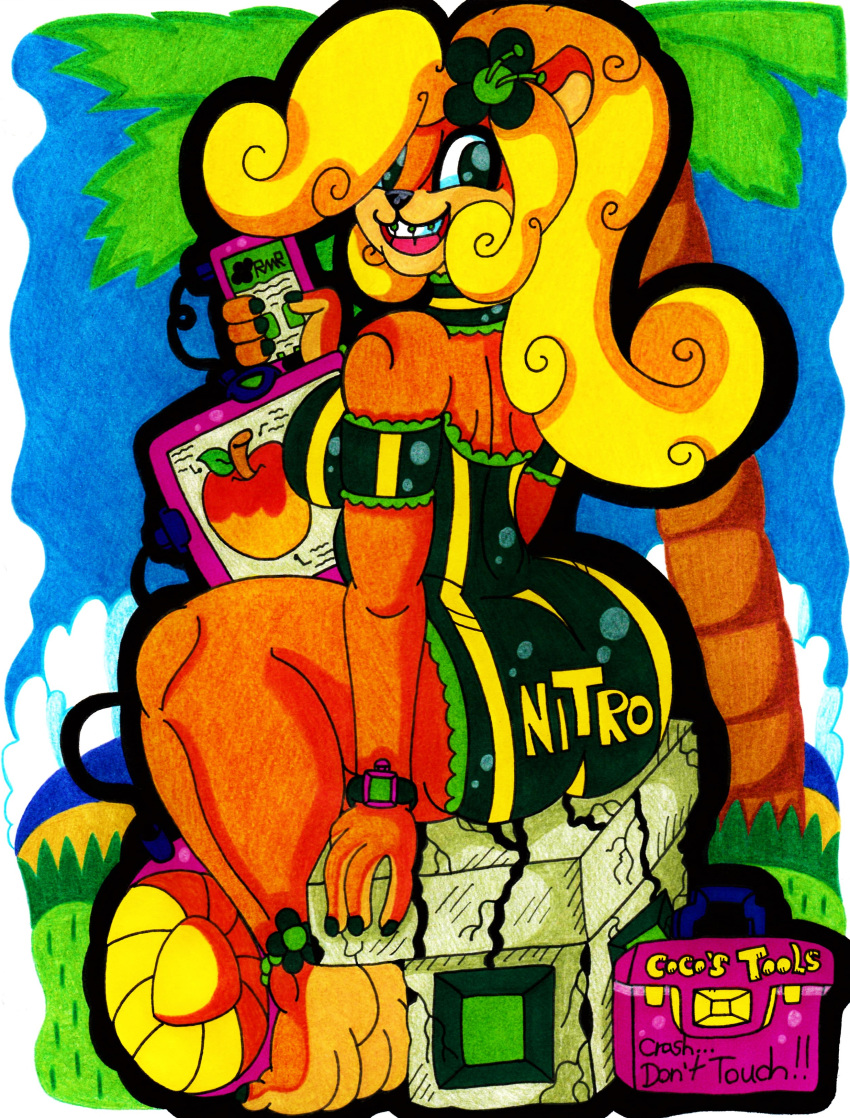 anthro bandicoot beach blonde_hair braces breasts butt clothing coco_bandicoot colored_nails computer crash_bandicoot_(series) cute feet female flower food fruit fur green_eyes hair humanoid_feet mammal marsupial nerd one-piece_swimsuit orange_fur palm_tree phone plant ponytail round_ears ruins sand sea seaside sitting sky swimsuit thegrumpiestpanda_(artist) toes toolbox traditional_media_(artwork) tree video_games voluptuous watch water wide_hips