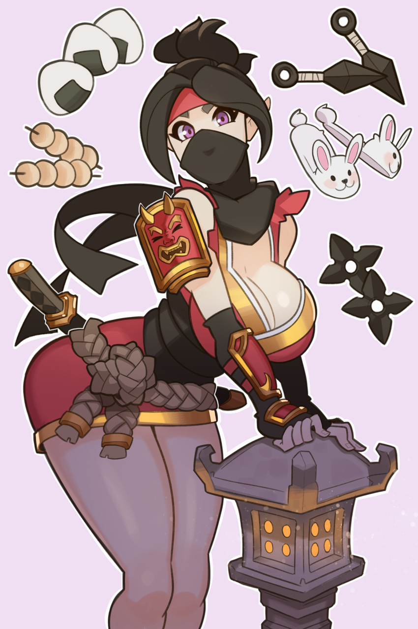 animal_slippers armor bodysuit breasts bunny_slippers cleavage commentary dango food forehead_protector gloves headband highres japanese_clothes katana kimono kunai mask ninja onigiri paladins pantyhose pelvic_curtain ponytail purple_eyes scarf short_kimono short_sword shuriken skye_(paladins) splashbrush sword wagashi weapon